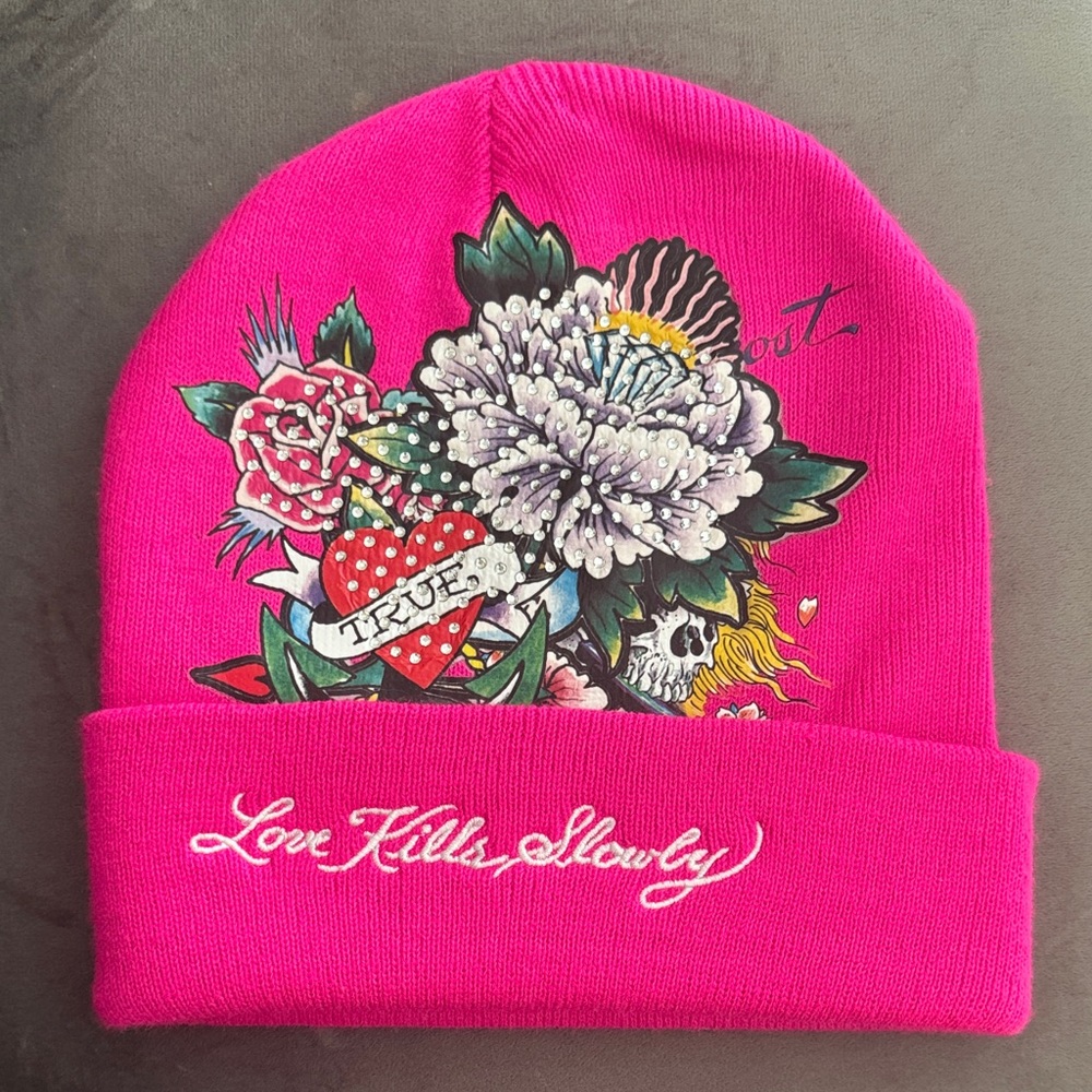 Ed Hardy Pink Floral Skull Beanie